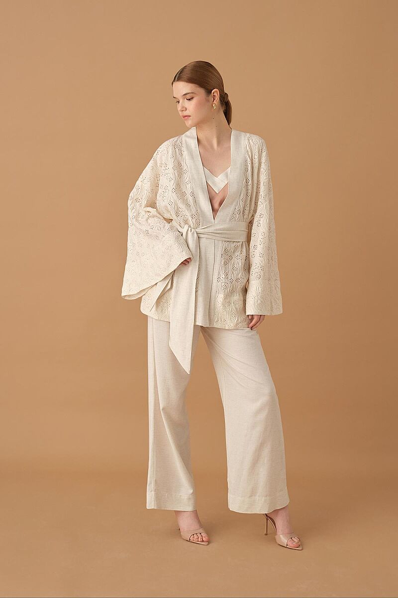 NICOLE - Kimonolu Keten Kadın Pijama Takımı - Neutral - Pierre Cardin